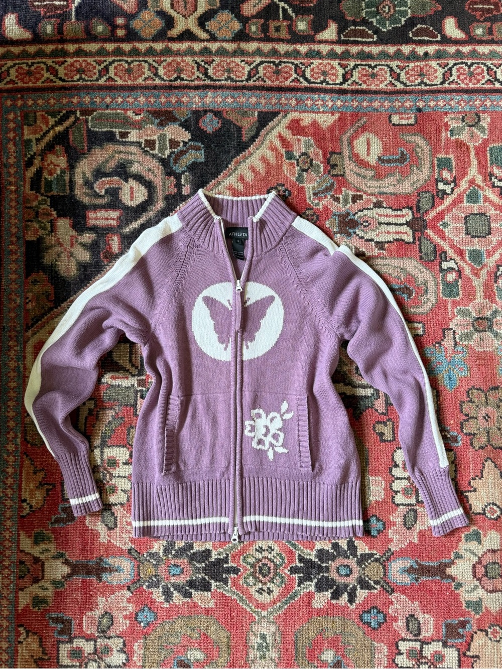 Athleta Lavender Zip-Up Sweater with Butterfly Motif